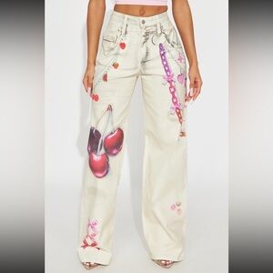 Fashion Nova Cream Wide Leg Jeans with Cherry Print